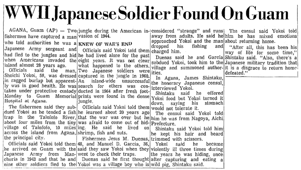 An article about Japanese Imperial Army Sergeant Shouichi Yokoi, Mobile Register newspaper article 25 January 1972