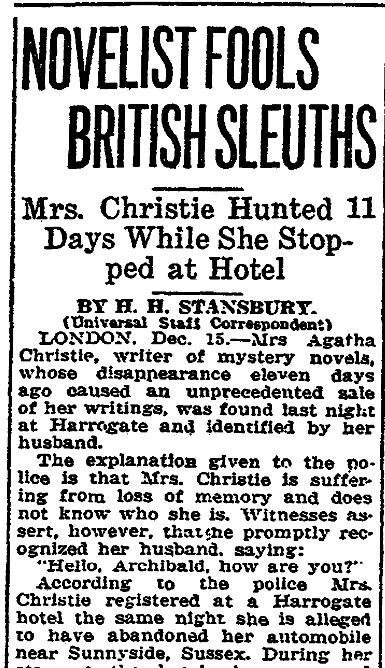 An article about Agatha Christie, New Orleans States newspaper article 15 December 1926