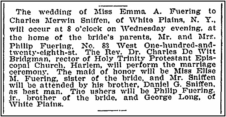 A wedding notice for Emma Feuring and Charles Merwin Sniffen, New York Tribune newspaper article 6 June 1897