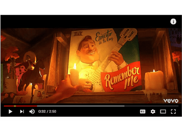 A screenshot of a YouTube video from the Disney movie "Coco"