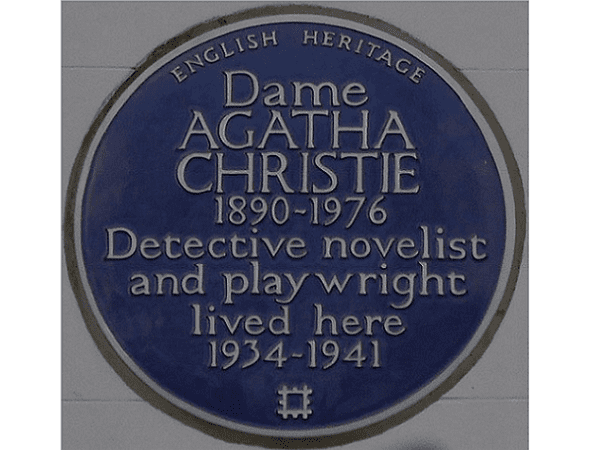 Photo: a plaque for Agatha Christie at 58 Sheffield Terrace, Holland Park, London, England. Credit: Edwardx; Wikimedia Commons.