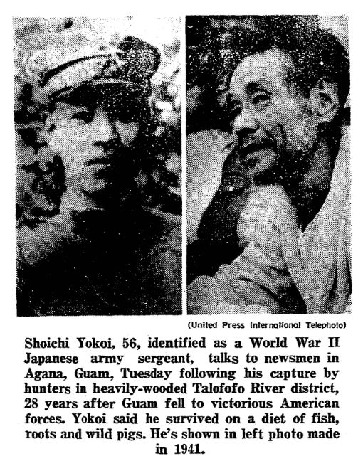 Photo from an article about Japanese Imperial Army Sergeant Shouichi Yokoi, Springfield Union newspaper article 26 January 1972