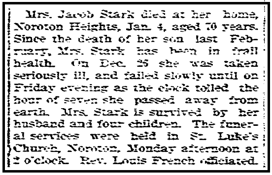 An obituary for Mary Stark, Stamford Advocate newspaper article 10 January 1901