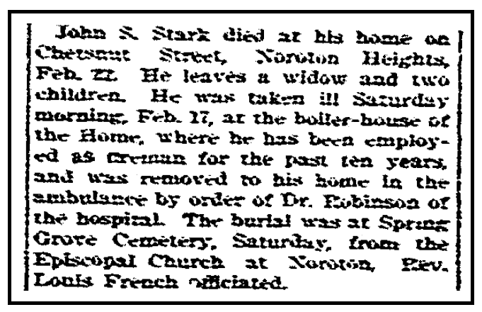 An obituary for John Stark, Stamford Advocate newspaper article 1 March 1900