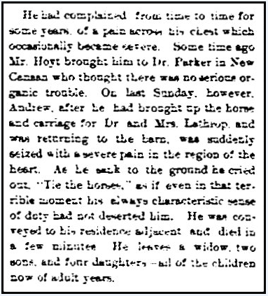 An obituary for Andrew Stark, Stamford Advocate newspaper article 7 September 1883