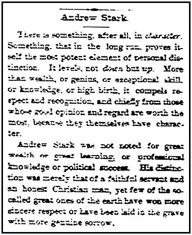 An obituary for Andrew Stark, Stamford Advocate newspaper article 7 September 1883