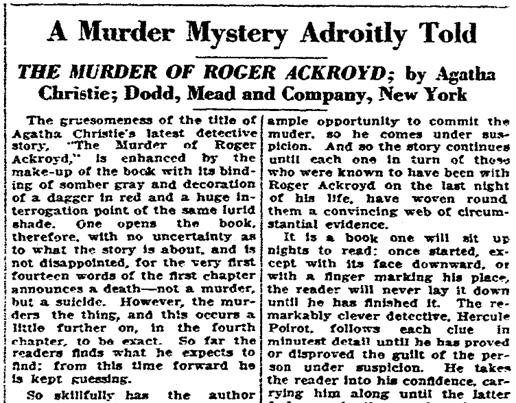 An article about Agatha Christie, Winston-Salem Journal newspaper article 21 August 1926