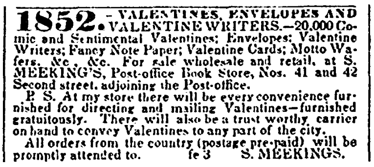 An ad for Valentine's Day cards, American and Commercial Daily Advertiser newspaper advertisement 3 February 1852