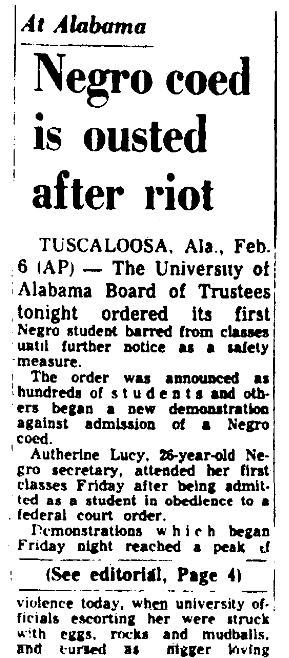 An article about Autherine Lucy, Augusta Chronicle newspaper article 7 February 1956