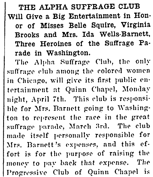 An article about the Alpha Suffrage Club, Broad Ax newspaper article 29 March 1913