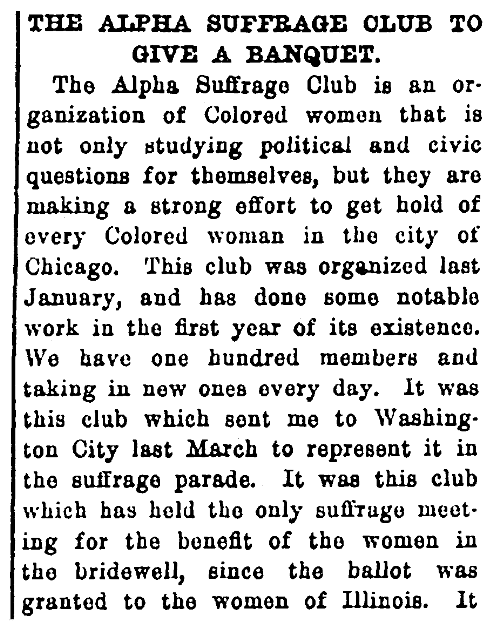 An article about the Alpha Suffrage Club, Broad Ax newspaper article 15 November 1913