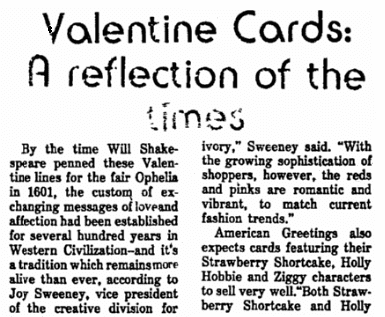 An article about Valentine's Day cards, Chicago Metro News newspaper article 13 February 1982