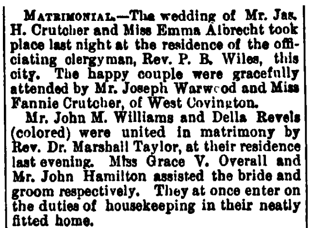 Wedding notices, Cincinnati Daily Star newspaper article 1 January 1880