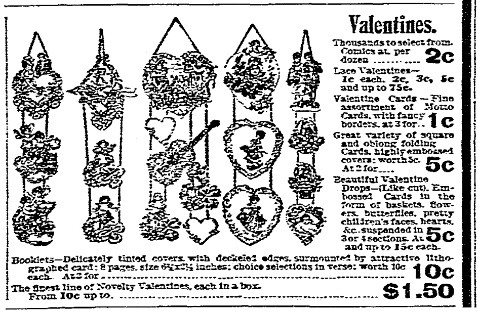 An ad for Valentine's Day cards, Cincinnati Post newspaper advertisement 4 February 1903