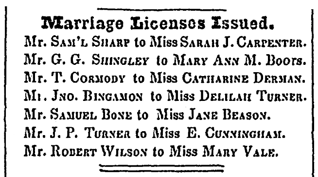 Notices about marriage licenses, Greene County Torch-Light newspaper article 16 August 1849