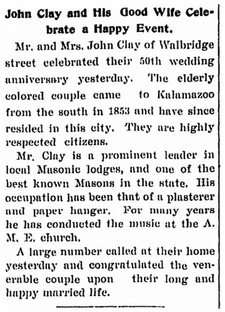 Clay wedding anniversary notice, Kalamazoo Gazette newspaper article 21 January 1900