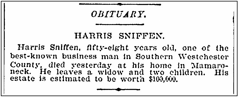 An obituary for Harris Sniffen, New York Tribune newspaper article 21 June 1894