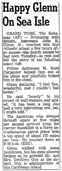 An article about John Glenn's historic space flight on 20 February 1962, Oregonian newspaper article 21 February 1962