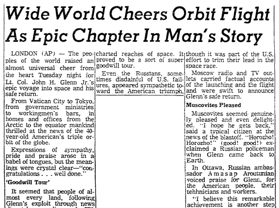 An article about John Glenn's historic space flight on 20 February 1962, Oregonian newspaper article 21 February 1962