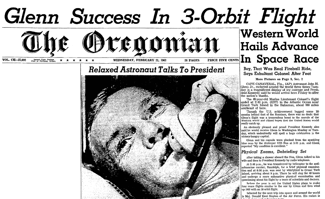 An article about John Glenn's historic space flight on 20 February 1962, Oregonian newspaper article 21 February 1962