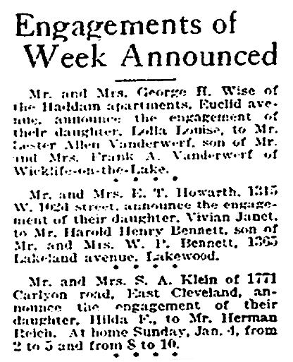 Engagement notices, Plain Dealer newspaper articles 4 January 1920