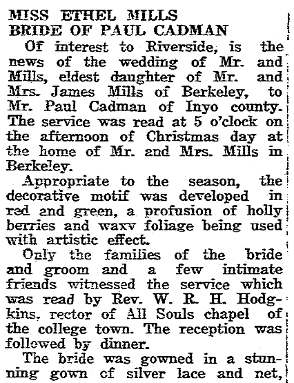 Mills-Cadman wedding notice, Riverside Independent Enterprise newspaper article 1 January 1920