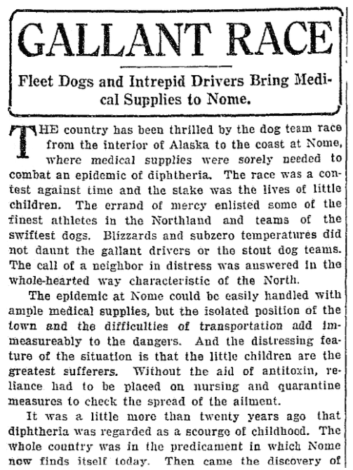 An article about the 1925 diphtheria serum dogsled relay in Alaska, Seattle Daily Times newspaper article 3 February 1925