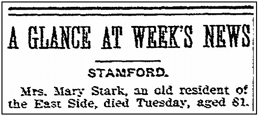 An obituary for Mary Stark, Stamford Advocate newspaper article 5 February 1903