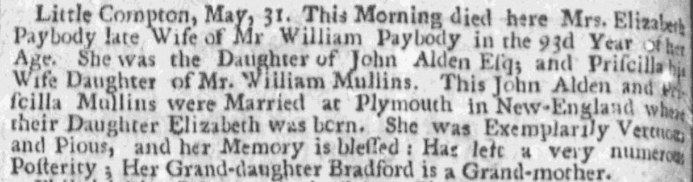 An obituary for Elizabeth Paybody, Boston News-Letter newspaper article 17 June 1717