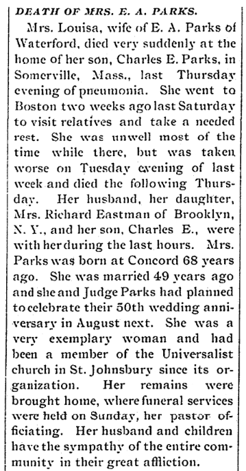 An obituary for Louisa Parks, Caledonian newspaper article 18 June 1891