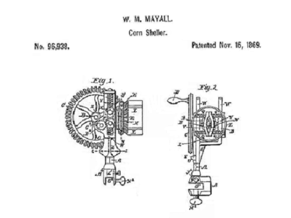 Illustration: the patent drawing of William Mayall's invention of a corn sheller