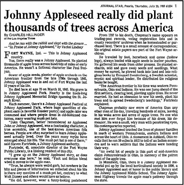 An article about Johnny Appleseed, Journal Star newspaper article 20 July 1989