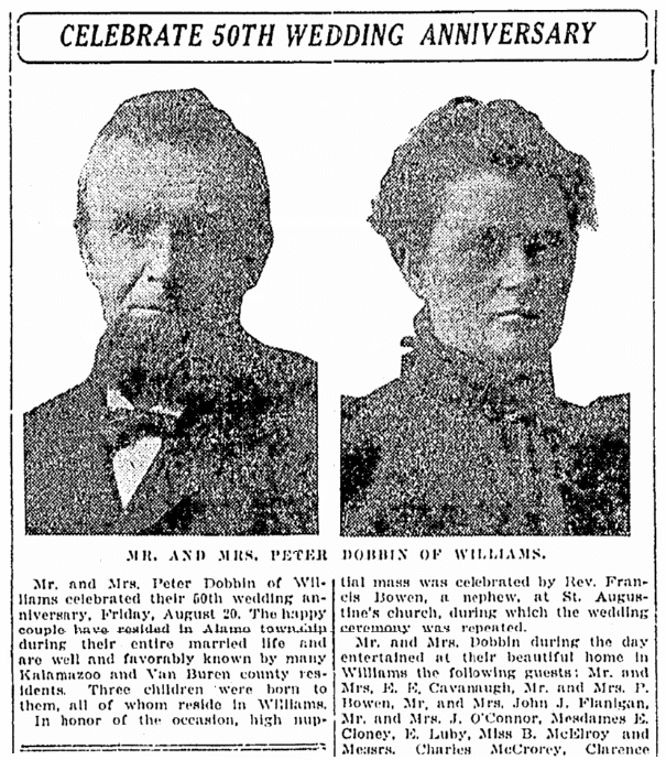 An article about the Dobbin's 50th wedding anniversary, Kalamazoo Gazette newspaper article 22 August 1920
