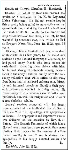 An obituary for Charles B. Haskell, Maine Farmer newspaper article 17 July 1862