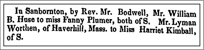 Wedding announcements, New Hampshire Observer newspaper article 27 December 1833