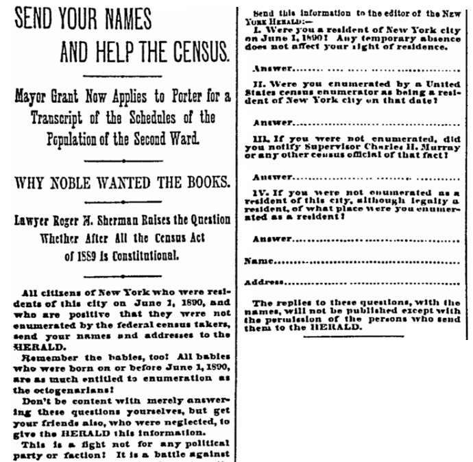 An article about the 1890 U.S. Federal Census, New York Herald newspaper article 7 November 1890