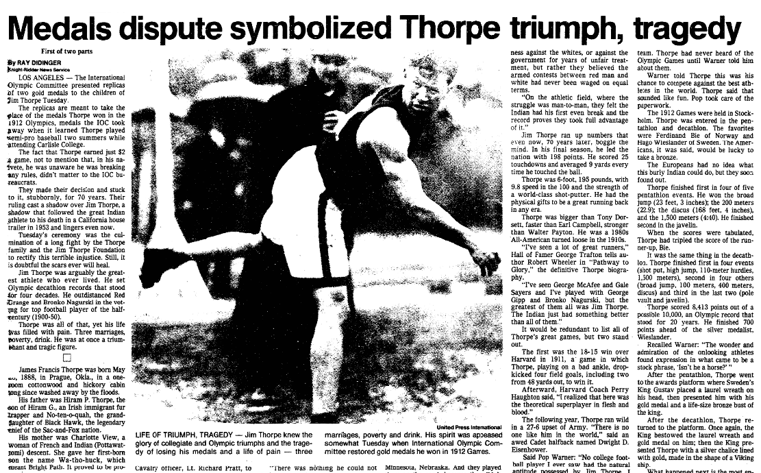 An article about Jim Thorpe, Oregonian newspaper article 19 January 1983