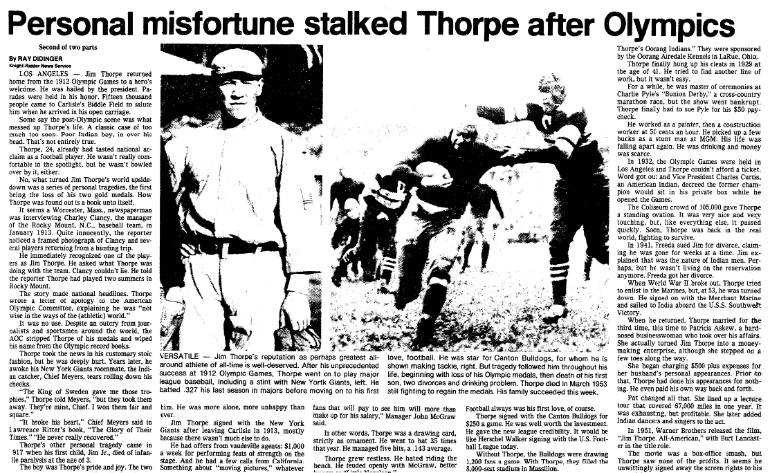 An article about Jim Thorpe, Oregonian newspaper article 20 January 1983