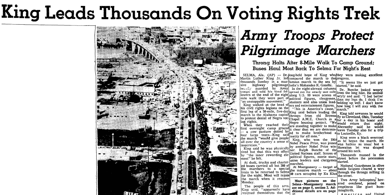 An article about the Selma-to-Montgomery civil rights march, Oregonian newspaper article 22 March 1965