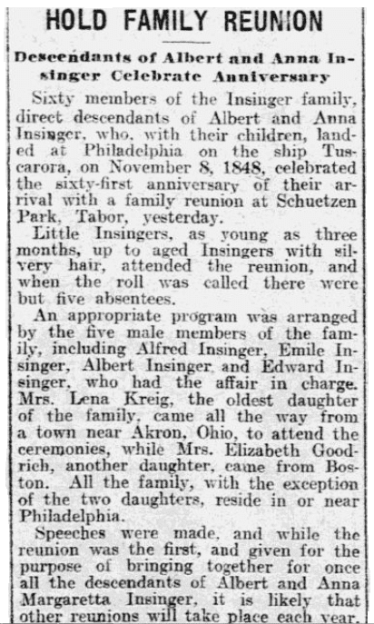 An article about the Insinger family reunion, Philadelphia Inquirer newspaper article 9 November 1909