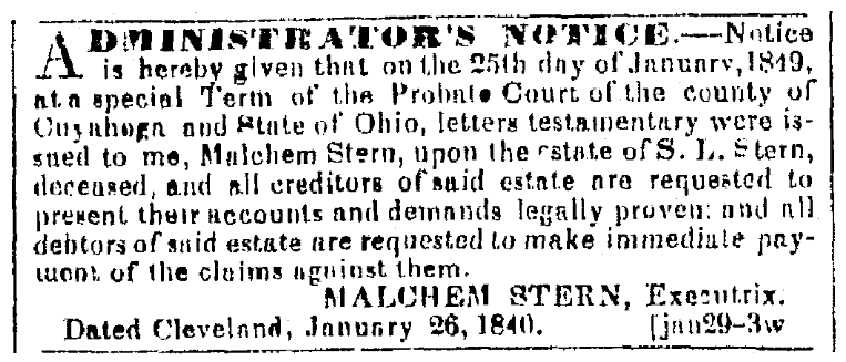 A probate notice, Plain Dealer newspaper article 13 February 1849