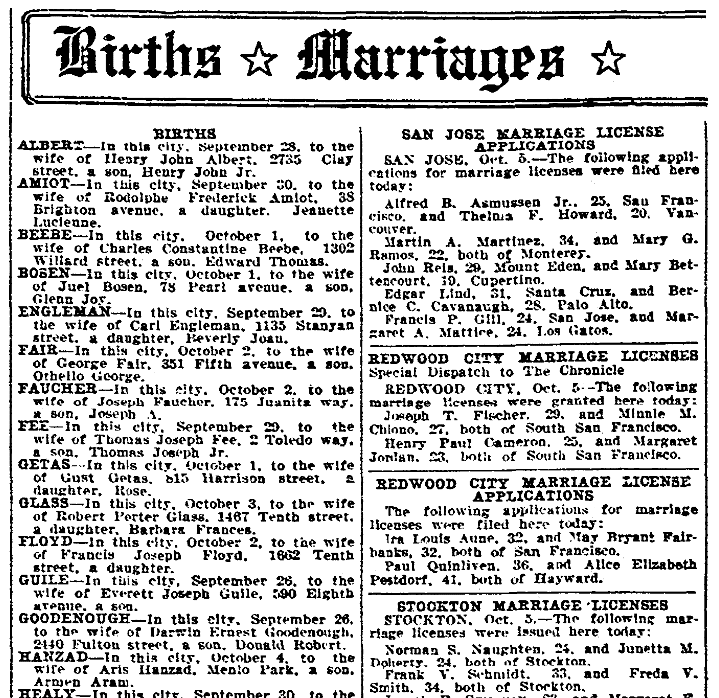 Marriage license notices, San Francisco Chronicle newspaper article 6 October 1927