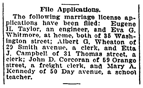 Marriage license notices, Springfield Union newspaper article 25 September 1912