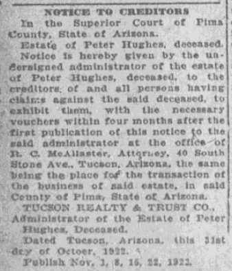 A probate notice, Tucson Daily Citizen newspaper article 15 November 1922