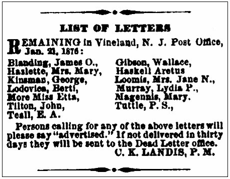 An article about Aretus Haskell, Vineland Advertiser newspaper article 22 January 1876