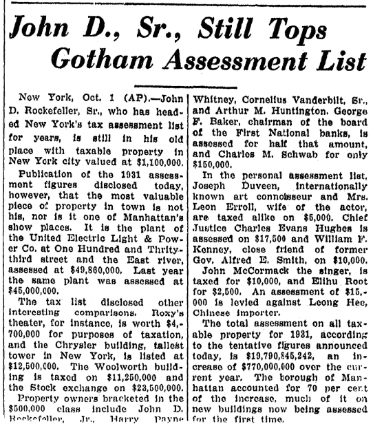 A tax assessment list, Advocate newspaper article 2 October 1930