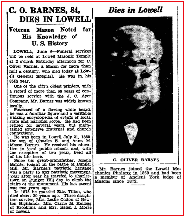 An obituary for Charles Barnes, Boston Herald newspaper article 7 June 1935