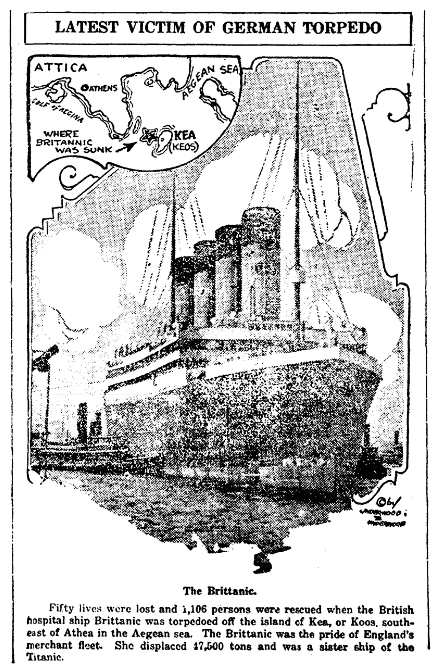 An article about the sinking of the Britannic, Columbia Record newspaper article 27 November 1916