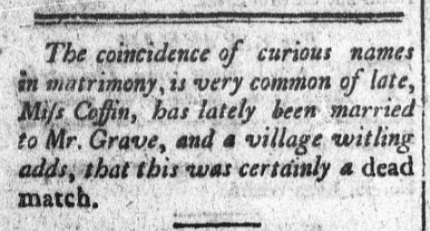 An article about curious and amusing names, Constitutional Telegraph newspaper article 4 November 1801