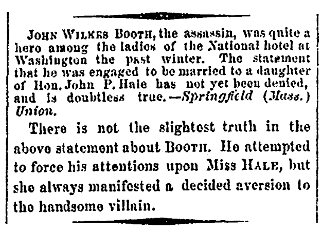 An article about John Wilkes Booth, Daily National Republican newspaper article 24 April 1865